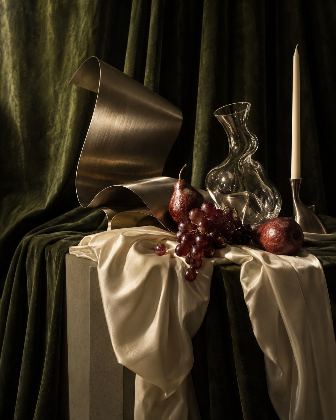 AI-generated concept: silk, metal, fruit and glass