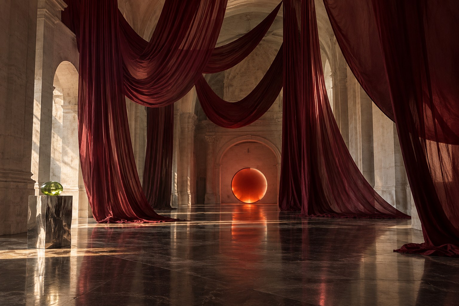 AI-generated concept: sculptural burgundy fabric in a stone hall