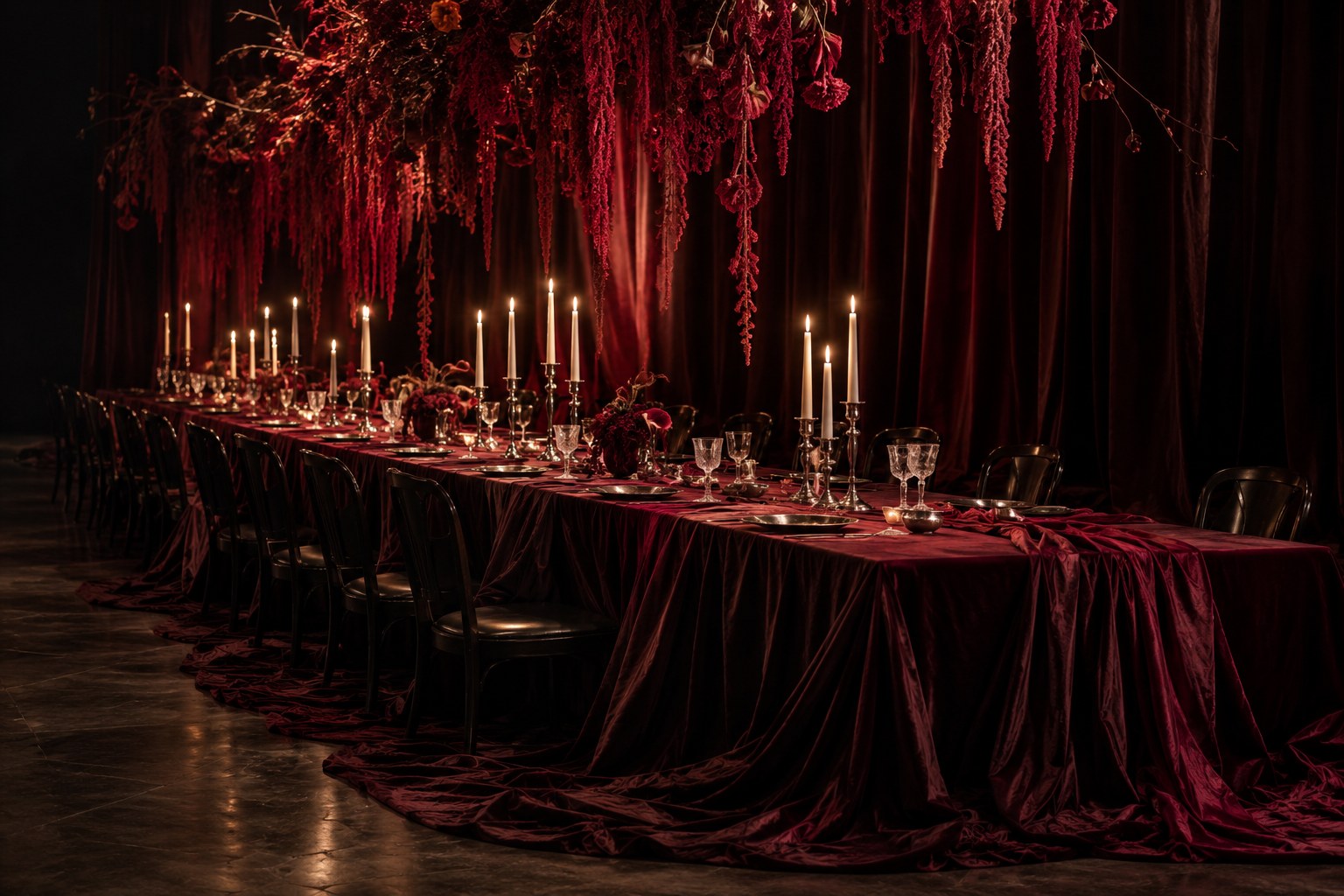 AI-generated concept: red drapery and a candlelit dinner table